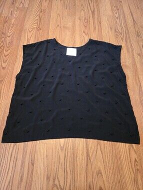 Seek Collective Black Blouse Pom-Pom Sleeveless Top Swiss Dot Oversized Silk M